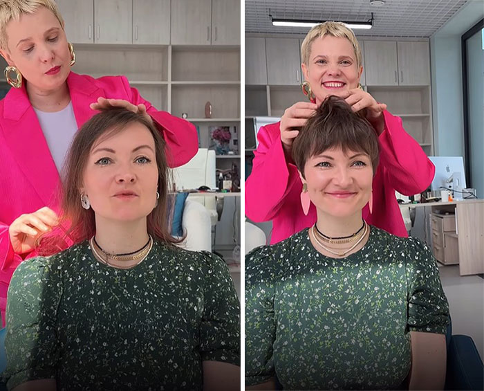 Before-and-after short hair makeover by stylist showing transformation from long to chic cropped haircut.