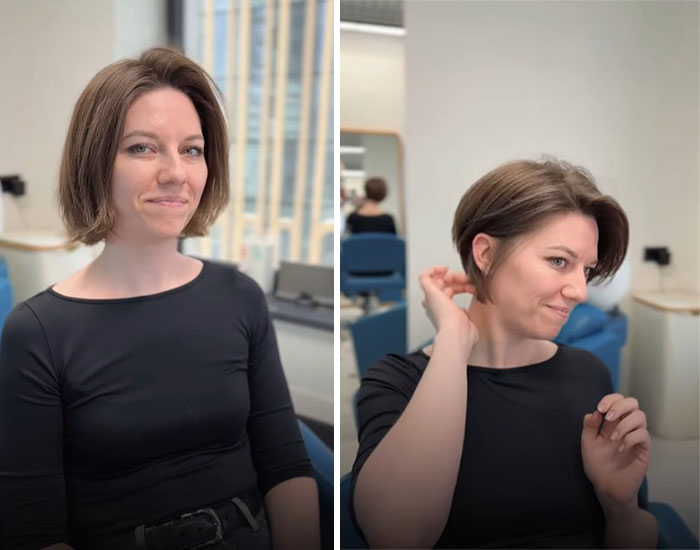 Woman showcasing a short hair before-and-after makeover with a sleek, modern haircut in a salon setting.