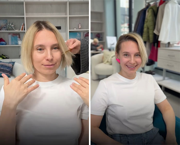 Woman with short hair before and after makeover by stylist, showing a fresh and stylish short hair transformation.