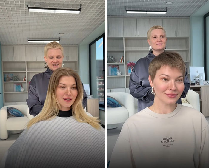 Side-by-side photo showing a short hair before-and-after makeover by a stylist in a modern salon.