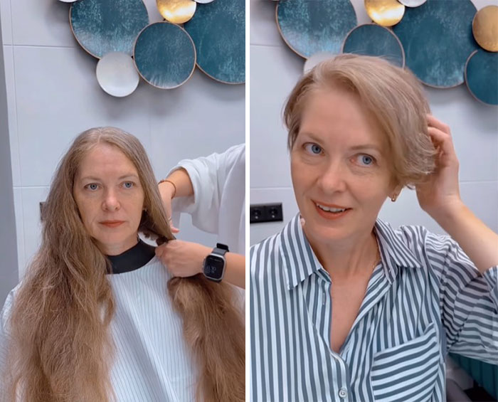 Woman with long hair getting a short hair makeover by a stylist, showing before and after transformation.