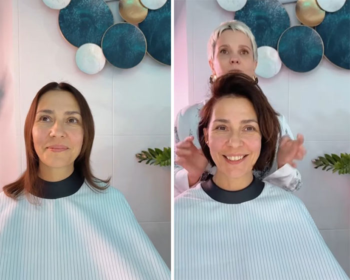 Before-and-after short hair makeover of a woman smiling during a stylish haircut transformation by a professional stylist.