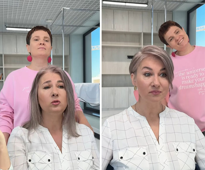 Before-and-after short hair makeover showing stylish transformation by a professional stylist in a modern salon setting.