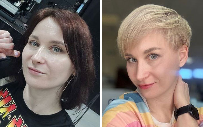 Side-by-side short hair before-and-after makeover showing a dark brown shoulder-length style and a blonde pixie cut.