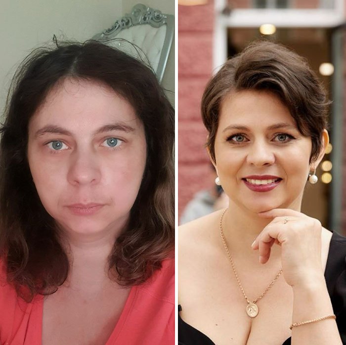 Before-and-after short hair makeover showing transformation from long wavy hair to a stylish short haircut and polished look.