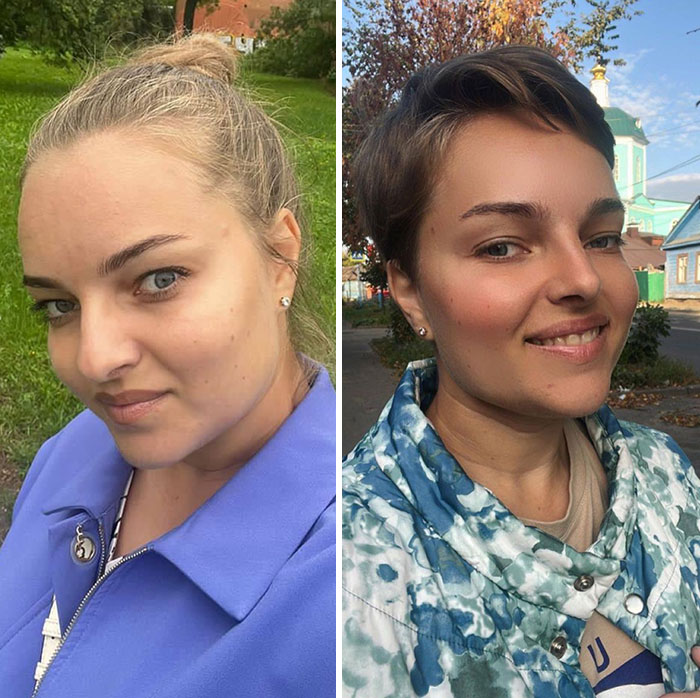 Side-by-side short hair before and after makeover featuring a woman with a stylish and natural look outdoors.