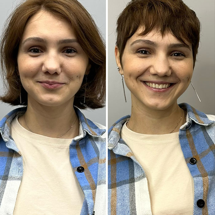 Side-by-side short hair before and after makeover showing a woman with a fresh stylish haircut and smiling face