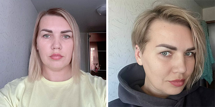 Before and after short hair makeover by stylist showing transformation with stylish, textured haircut and fresh look indoors.