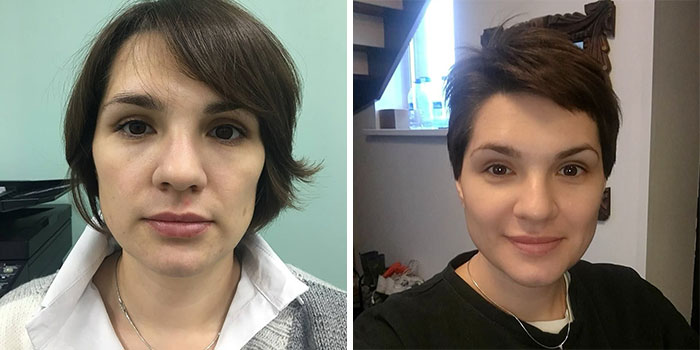 Side by side before and after short hair makeover by stylist showing dramatic transformation and fresh look.