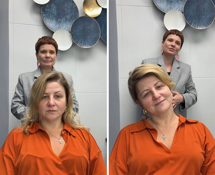 Before-and-after short hair makeover on a woman with blonde hair, styled by a professional in a salon setting.