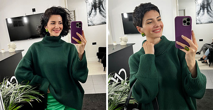 Woman showcasing short hair before-and-after makeover, wearing green sweater and smiling while taking mirror selfies.