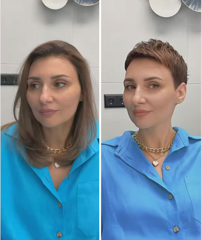 Woman with medium hair before and after short hair makeover, wearing blue shirt and gold necklace in indoor setting.