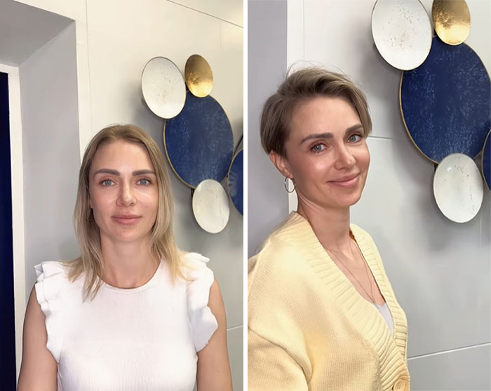 Woman showcasing short hair before-and-after makeovers by stylist, featuring chic transformation and modern hairstyle.
