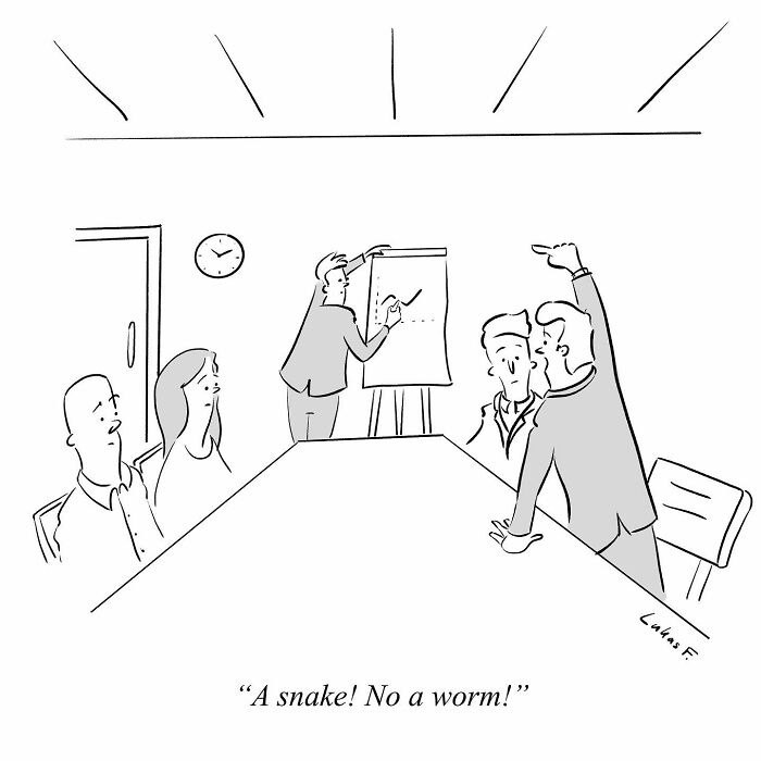 Minimalist single-panel cartoon showing a business meeting with a confused discussion and simple line art style.