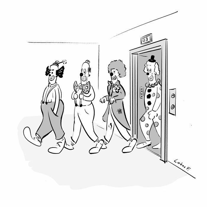 Four clowns walking in a line, with one clown stepping out of an elevator in a single-panel cartoon style.
