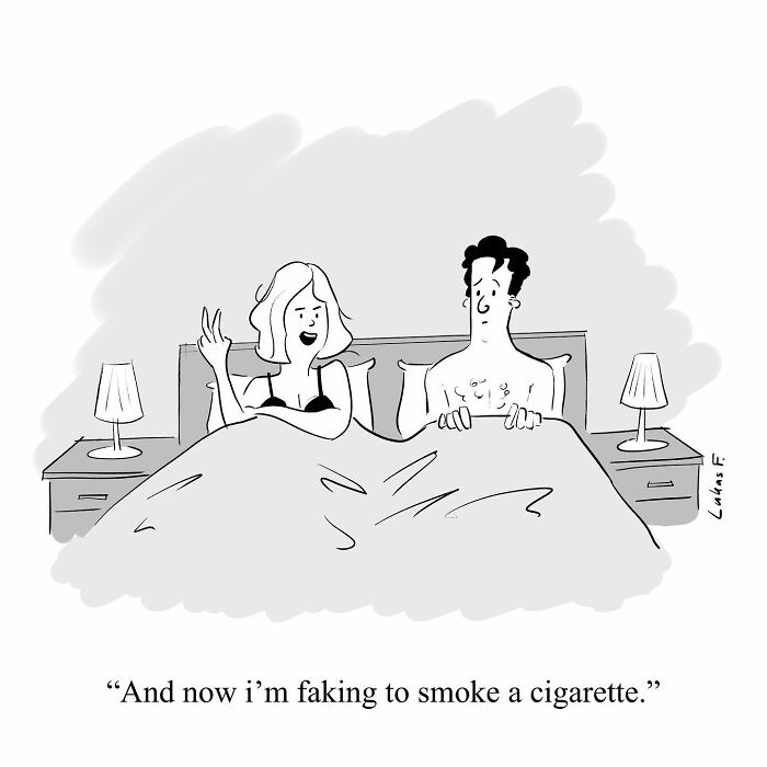 Single-panel cartoon by Lukas F. showing a couple in bed with the woman pretending to smoke a cigarette.
