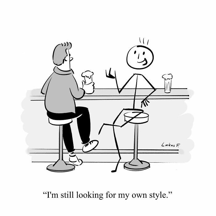 Two men sitting at a bar, one a stick figure, in a single-panel cartoon illustrating minimalism and style.