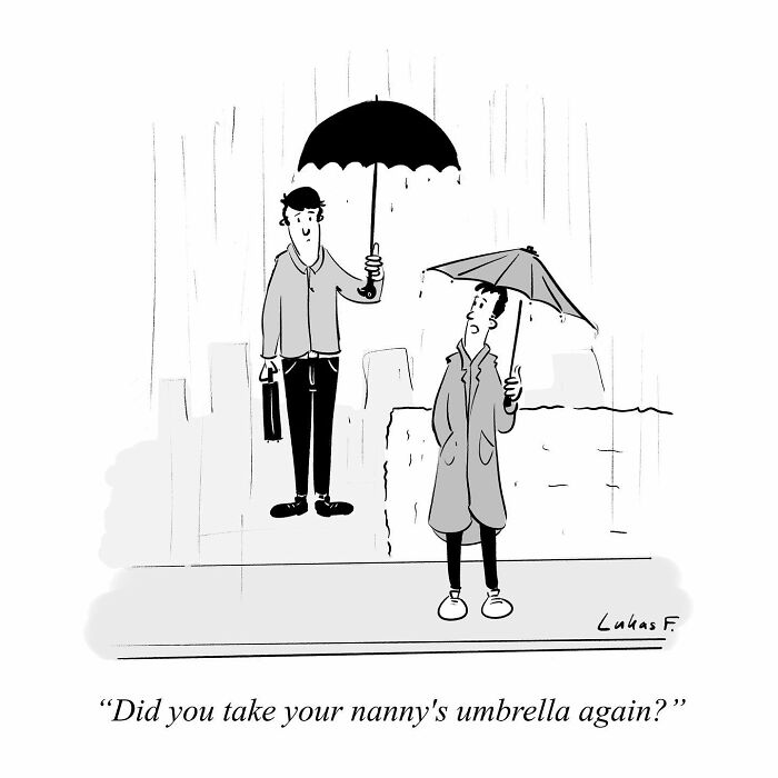 Single-panel cartoon by Lukas F. showing two men with umbrellas in the rain, one floating above the ground.