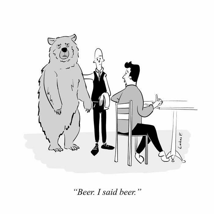 Single-panel cartoon showing a bear, a waiter, and a customer at a table with a humorous caption about beer.