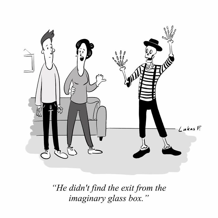 Black and white single-panel cartoon showing a skeleton mime performing tricks for two surprised people indoors.