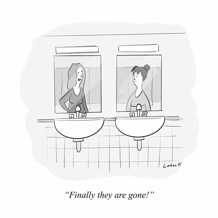 Two women looking in bathroom mirrors above sinks in a single-panel cartoon illustrating minimalism by Lukas F.