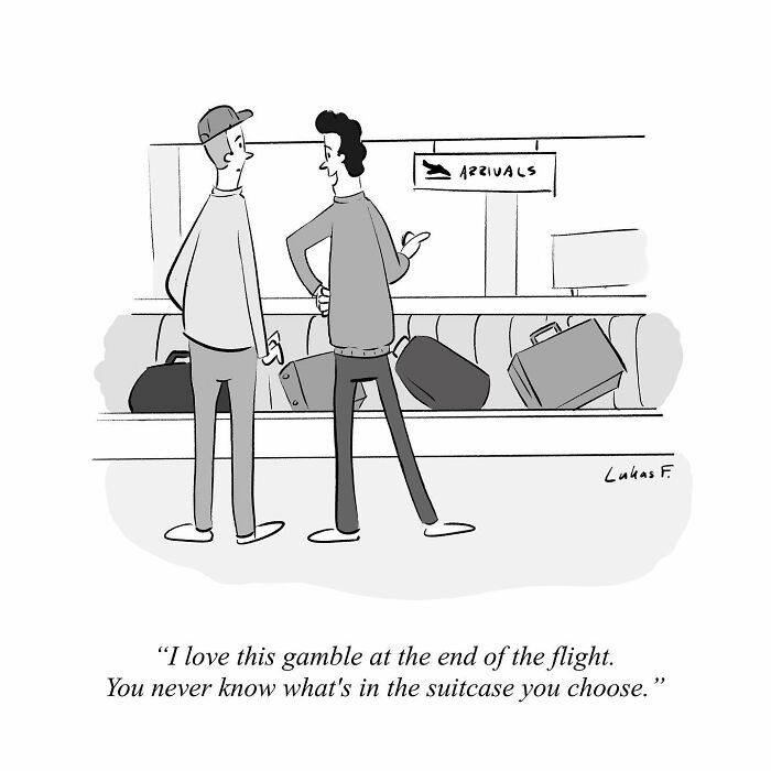 Two men standing by an airport baggage claim with suitcases, in a single-panel cartoon style by Lukas F.