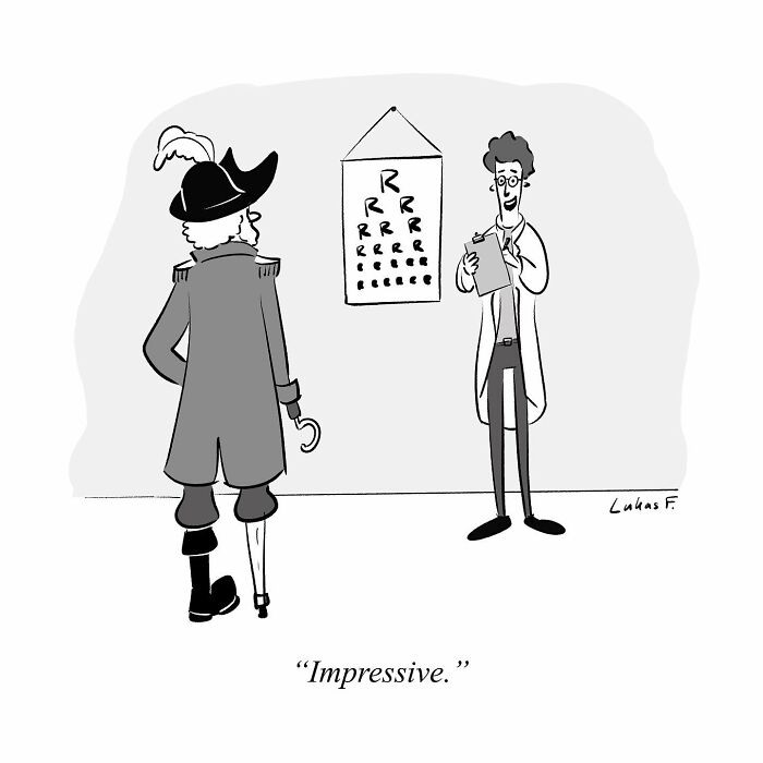 Single-panel cartoon by Lukas F. showing a doctor examining a pirate with a reading chart, highlighting minimalistic humor.