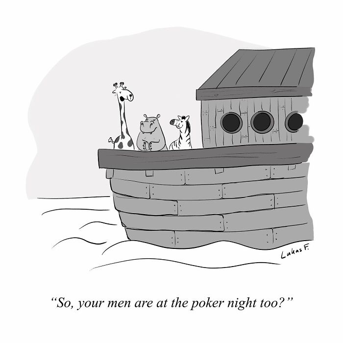 Single-panel cartoon by Lukas F. showing animals on a boat with a humorous poker night caption.