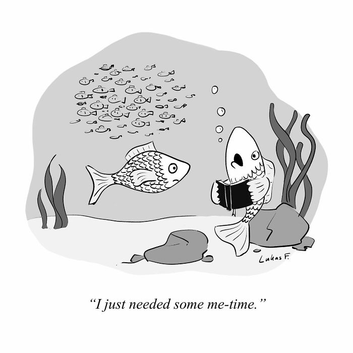 Single-panel cartoon by Lukas F. showing a fish reading a book underwater while another fish watches nearby.