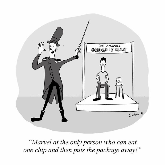 Single-panel cartoon by Lukas F. featuring a magician presenting the amazing One Chip Man who eats one chip and stops.