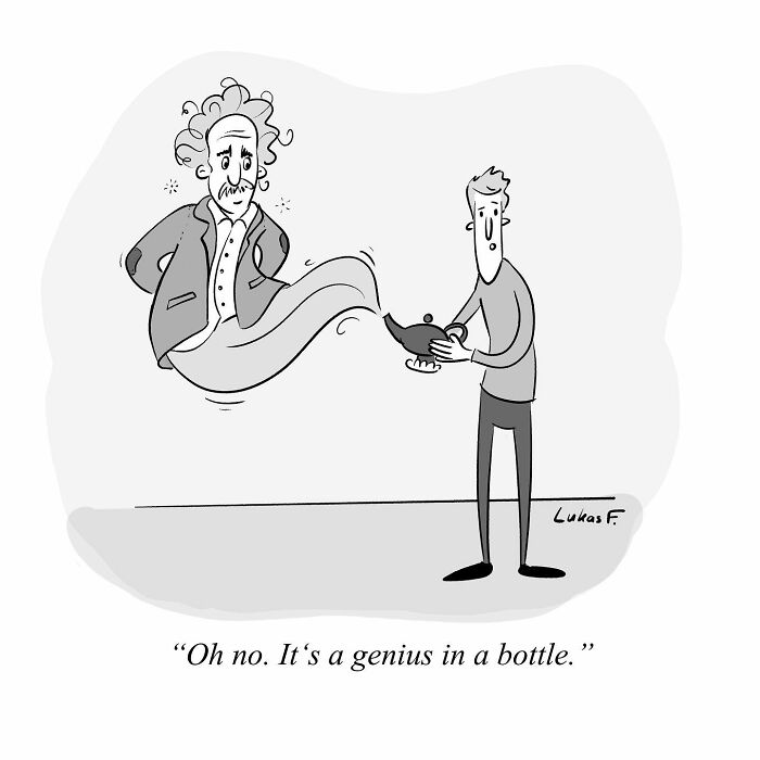 Single-panel cartoon by Lukas F. showing a man surprised by a genius emerging from a magic bottle.