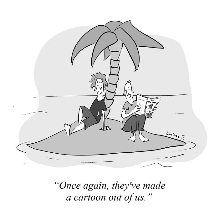 Two men on a small island under a palm tree in a single-panel cartoon by Lukas F. showing minimalistic style.
