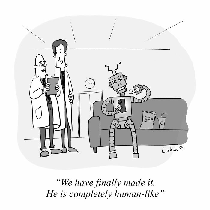 Robot sitting on couch eating snacks while two scientists observe, showcasing single-panel cartoons by Lukas F.