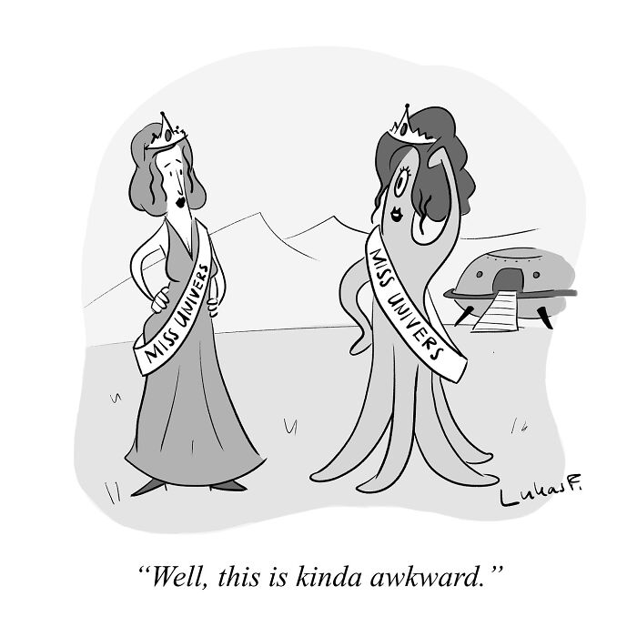 Single-panel cartoon by Lukas F. showing two Miss Universe contestants, one human and one alien, in a humorous scene.