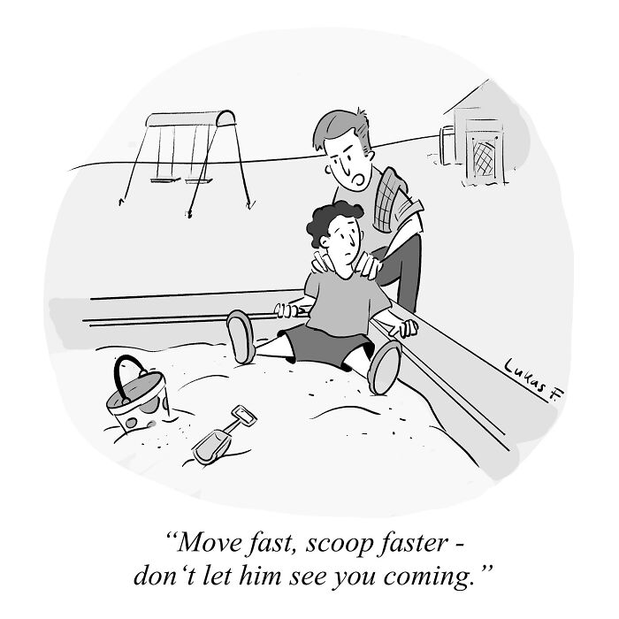 Single-panel cartoon showing two boys in a sandbox with a shovel and bucket, illustrating minimalistic humor style.