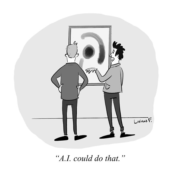 Two men discussing abstract art in a single-panel cartoon illustrating that less is more by Lukas F.