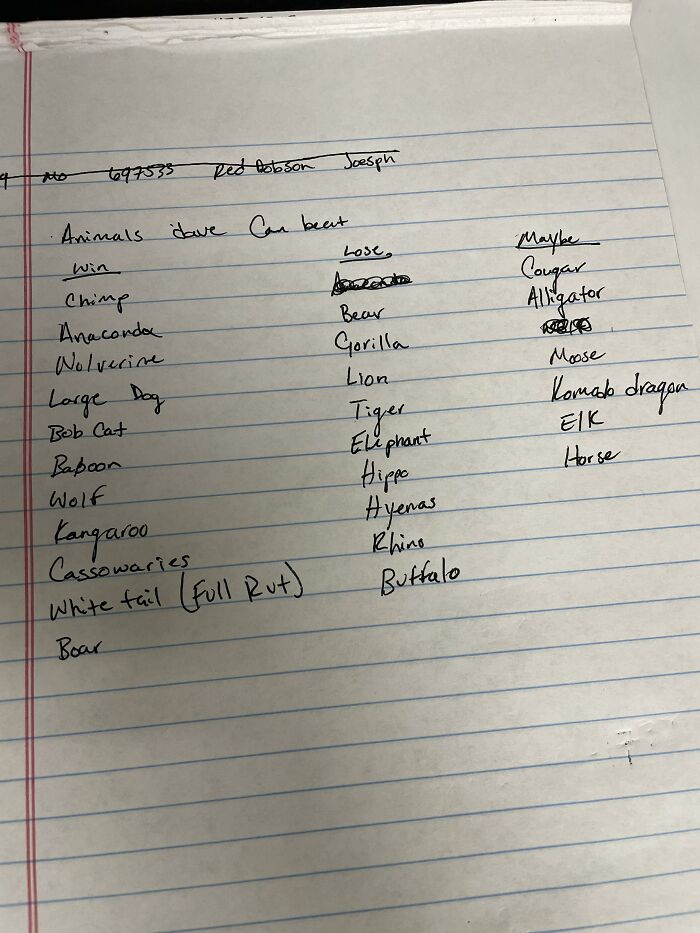 Handwritten list of animals on lined paper illustrating men doing dumb things explaining why women live longer.