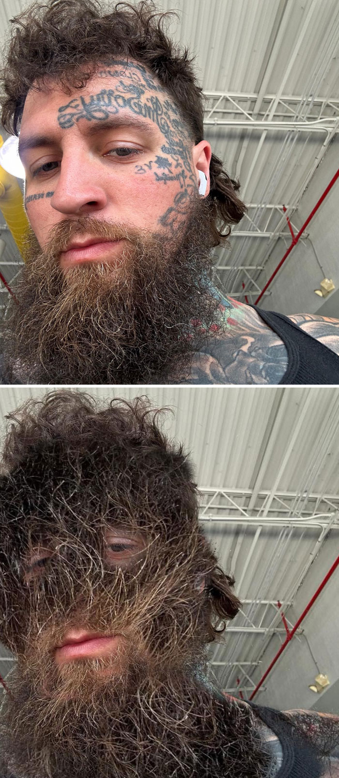 Man with face tattoos and thick beard shown before and after hilarious beard photoshopped to cover his entire face, creative edits.