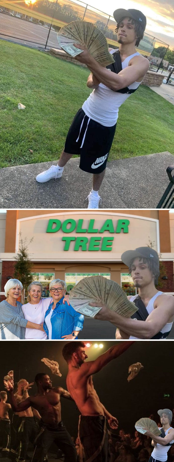 Young man holding money poses in original and humorously photoshopped images, showcasing funny stranger photoshops.