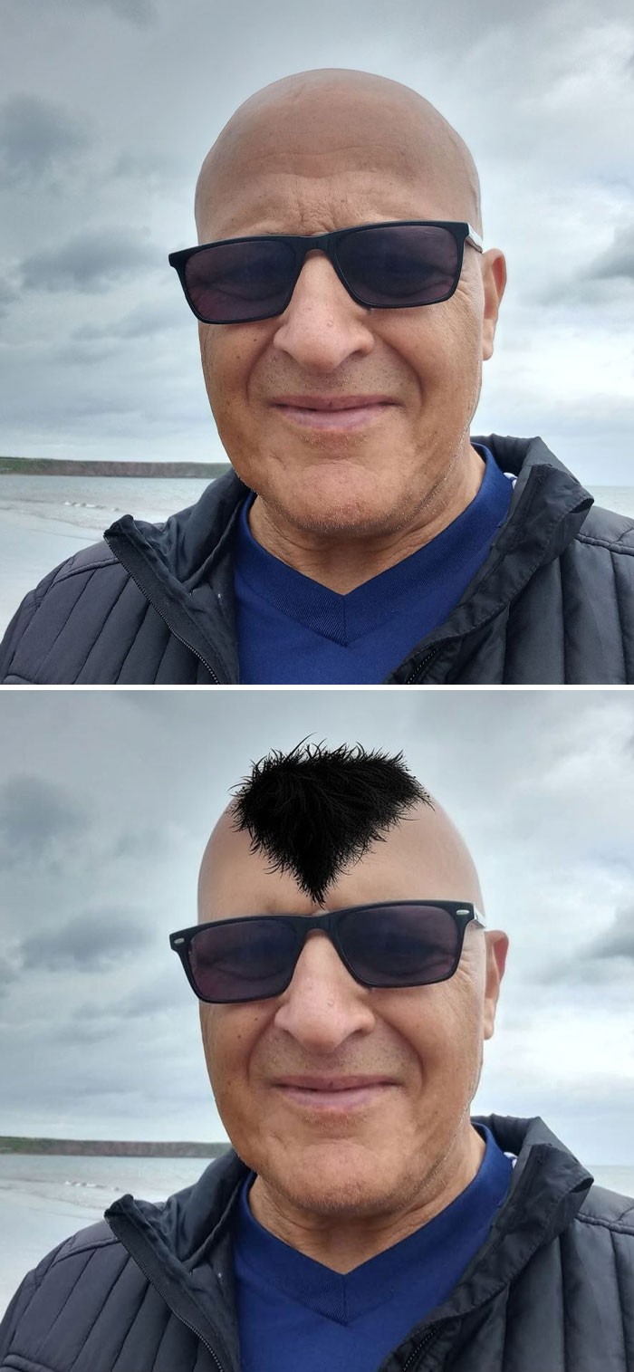 Man wearing sunglasses at the beach, before and after hilarious photoshopped hair edit from strangers.