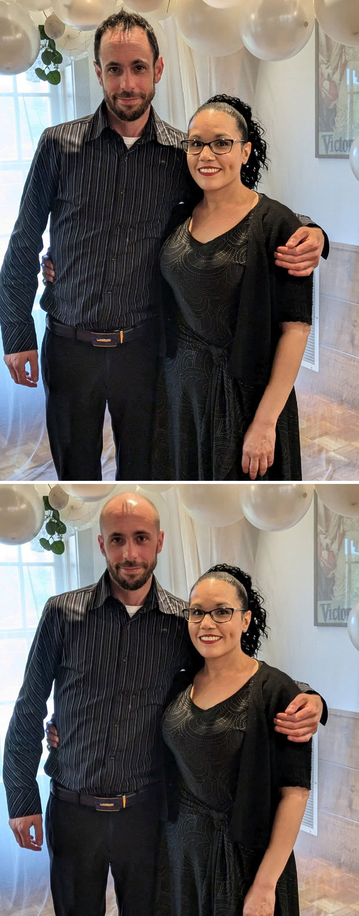 Couple posing indoors before and after photoshopped image showing man hilariously bald, illustrating photoshopped photos.