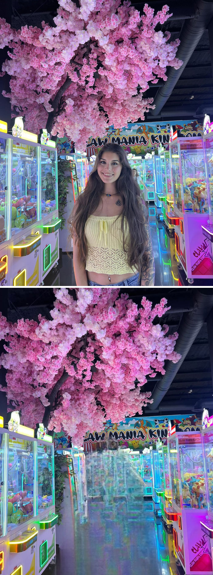 Young woman posing in arcade next to claw machines, then humorously photoshopped to appear as a pixelated ghost figure.