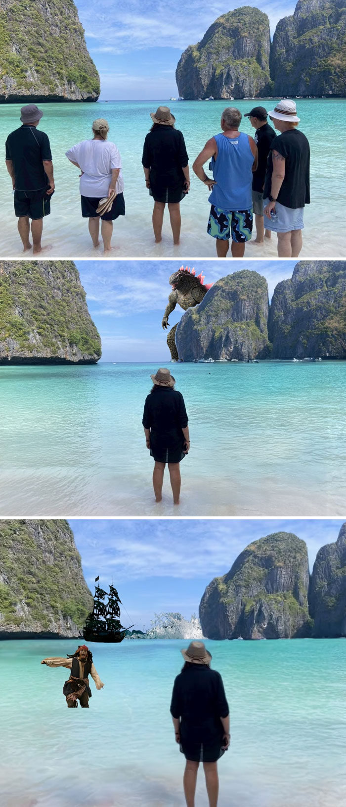 Group of people at a tropical beach photoshopped with Godzilla and pirate ship for funny Photoshop photo edits.