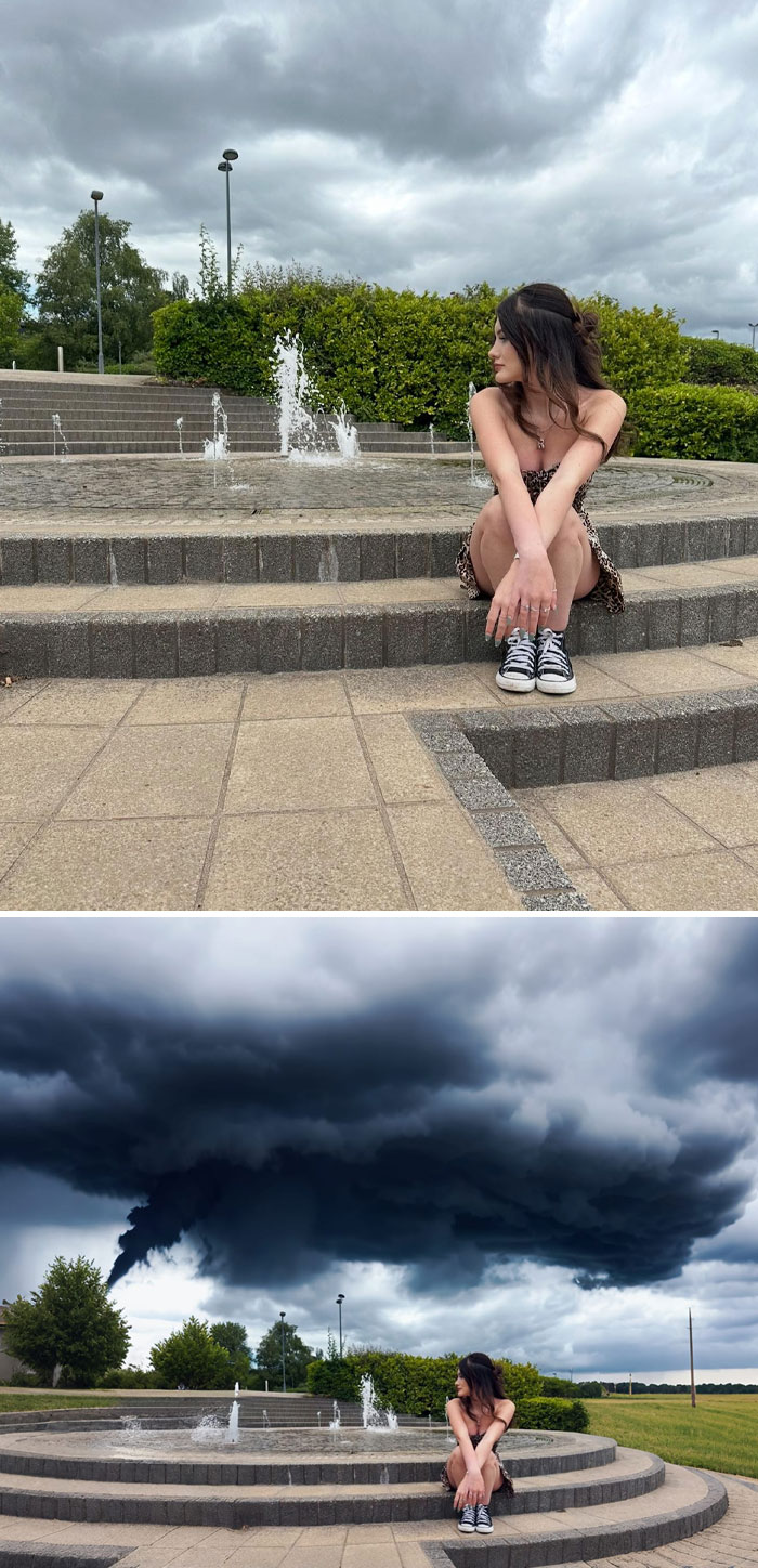 Before and after photoshopped images featuring a woman by a fountain with dramatic dark storm clouds above.