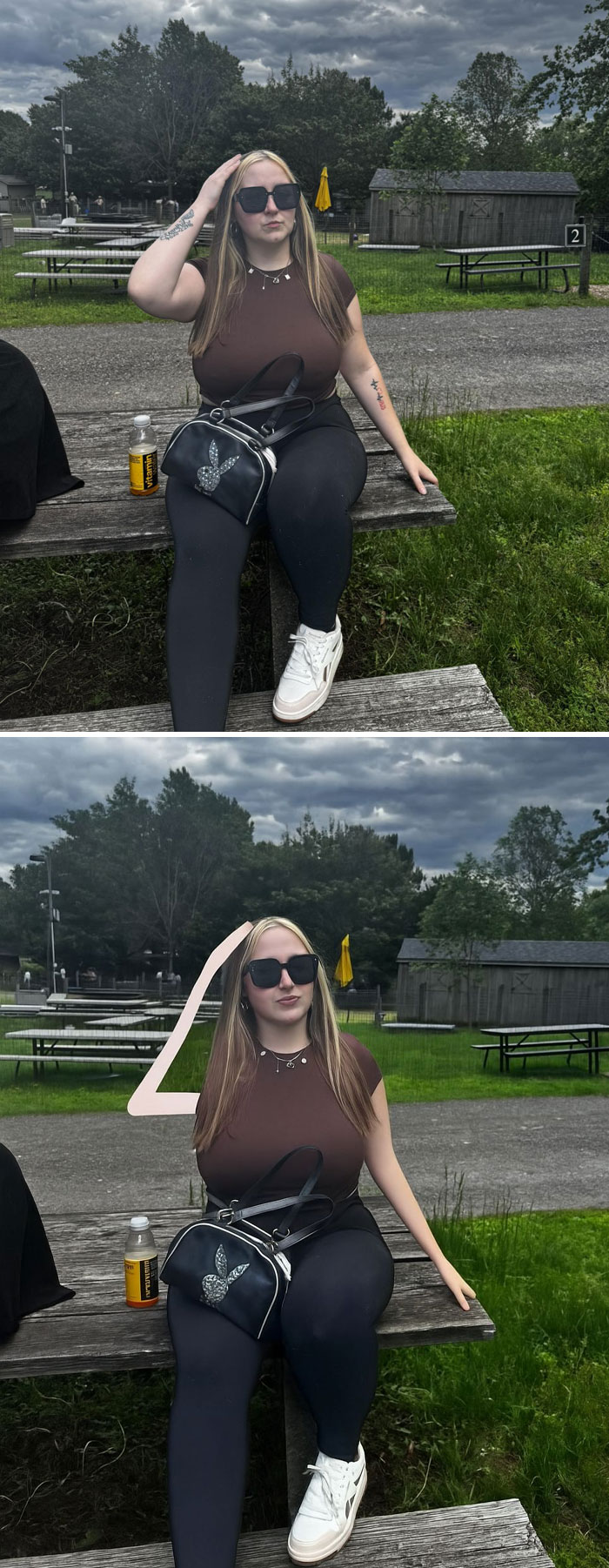 Woman sitting outdoors on a bench with sunglasses and a handbag, shown before and after a funny photoshop edit.