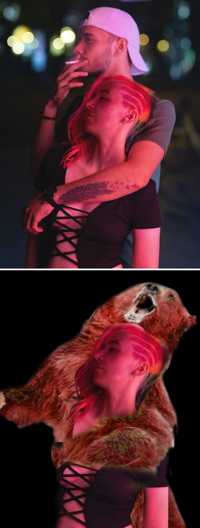 Couple at night edited with humorous Photoshop of woman blended into roaring bear, showing creative stranger Photoshop skills.