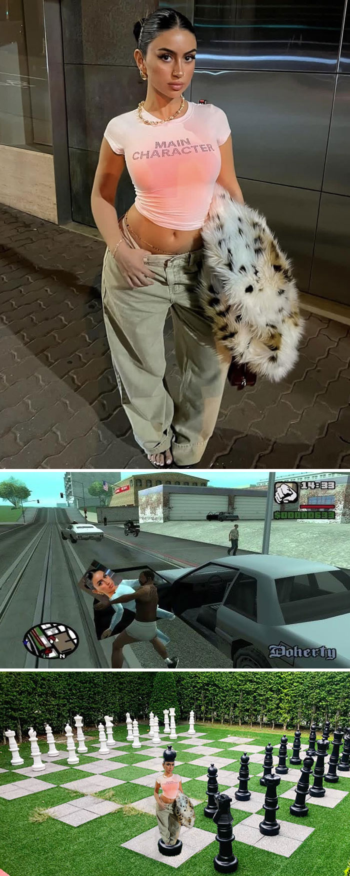 Woman posing in Photoshop edits with gaming and chess themes, showcasing creative photo manipulation and Photoshop humor.