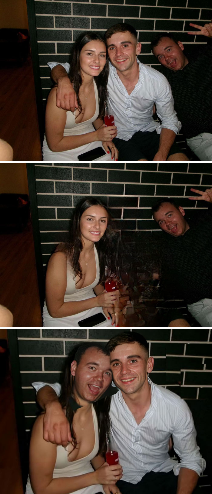 Three photos showing hilarious photoshop fails where strangers edited people out or swapped faces in the photo.