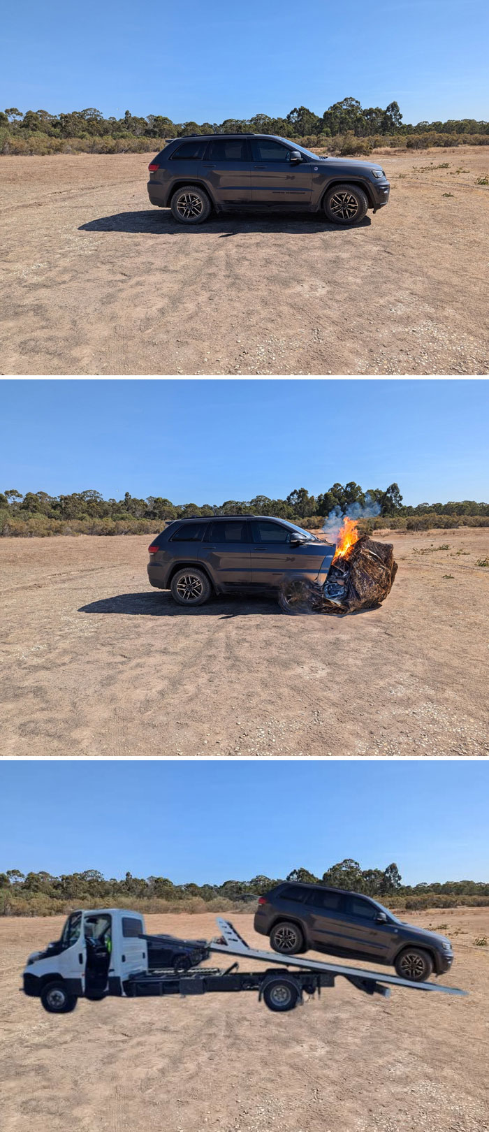 Black SUV in a dry field humorously photoshopped with fire damage and being towed in a series of edited images.