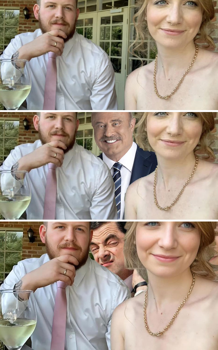 Couple posing for a photo with strangers hilariously photoshopped into the background, showcasing funny photoshop fails.